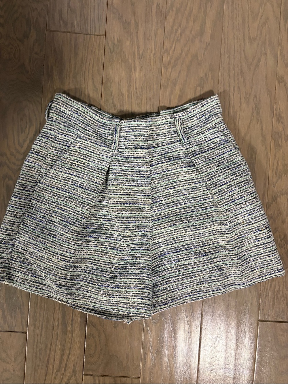 High-Waist Tweed Textured Shorts in Cream and Blue